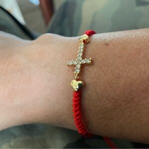 Red Braided Bracelet with Gold Cross and Heart